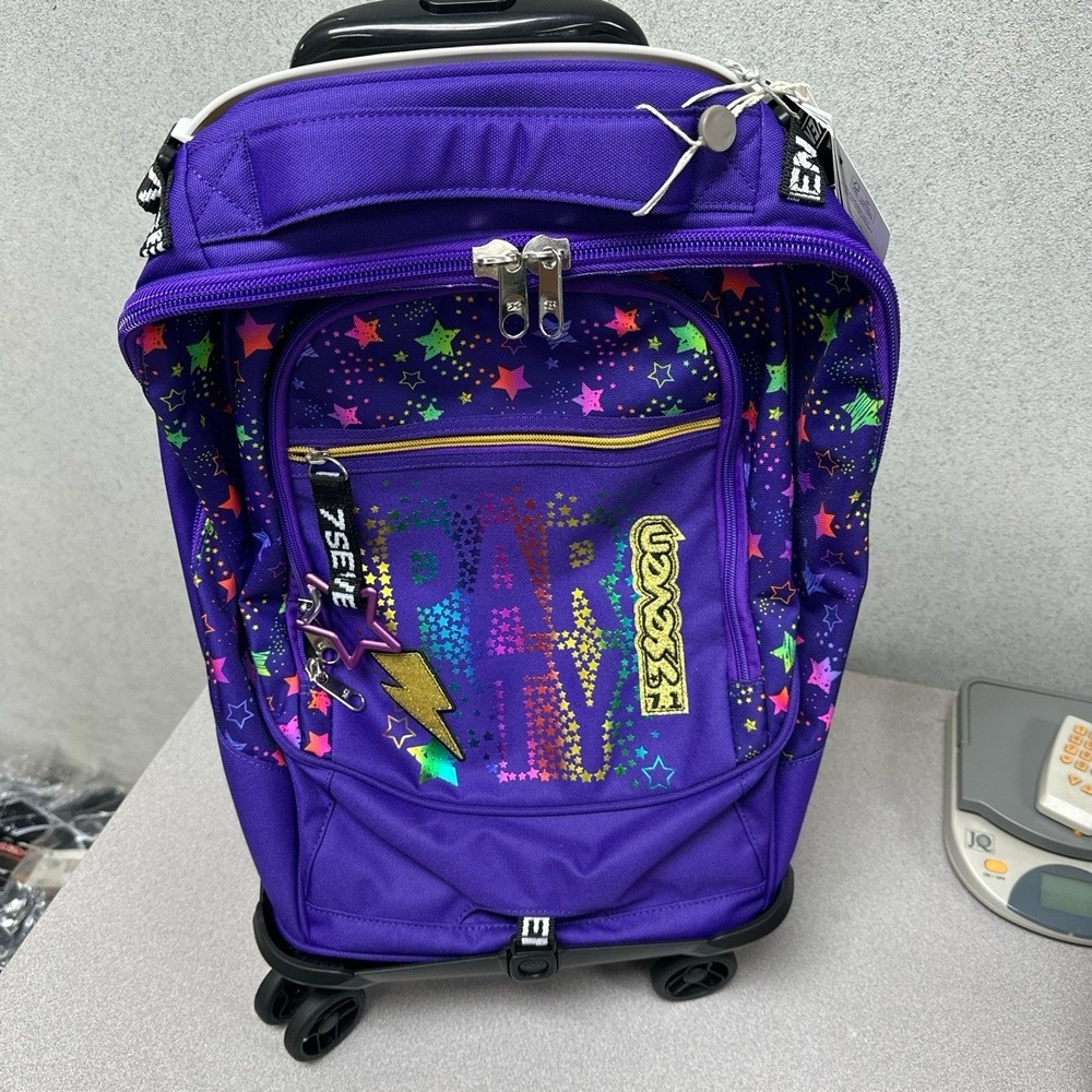 NWT 7Seven Rolling Backpack Suitcase Purple Star Pattern 8-Wheel School Travel